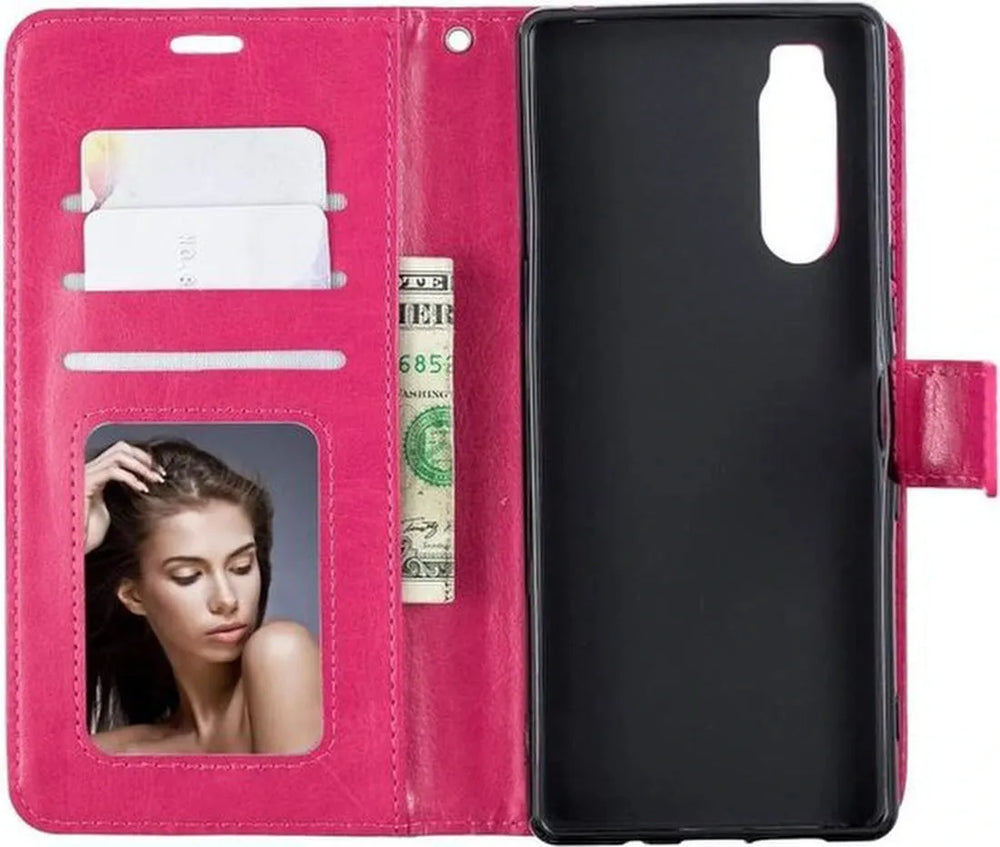Sony Xperia 5 Hoesjes – Portemonnee Bookcase – Pasjeshouder – 2 Pack Screenprotector Gehard Glas – Roze-Ilumina Benelux
