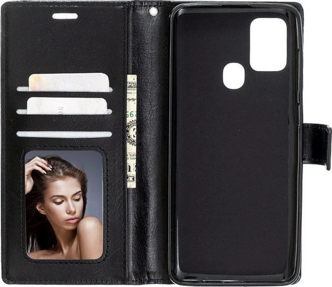 Portemonnee BookCase Hoesje + 2 Pack Screenprotector Glas Geschikt voor: Samsung Galaxy M21 - zwart