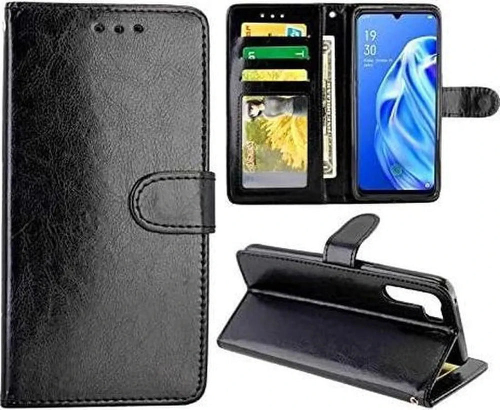 Oppo A91 Hoesjes – Portemonnee Book Case – Pasjeshouder – 2x Gehard Glas Screenprotector – Zwart-Ilumina Benelux