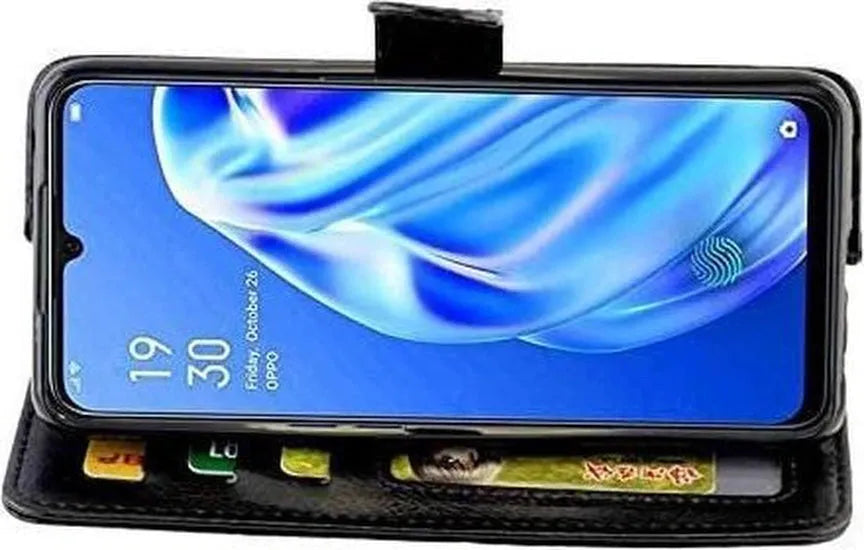 Oppo A91 Hoesjes – Portemonnee Book Case – Pasjeshouder – 2x Gehard Glas Screenprotector – Zwart-Ilumina Benelux