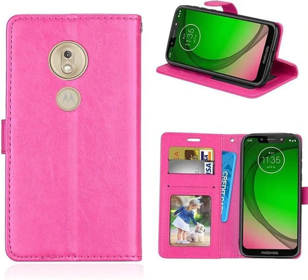 Motorola Moto G7 Play Hoesjes – Portemonnee Book Case – Magneetsluiting – 2x Screenprotector – Roze-Ilumina Benelux