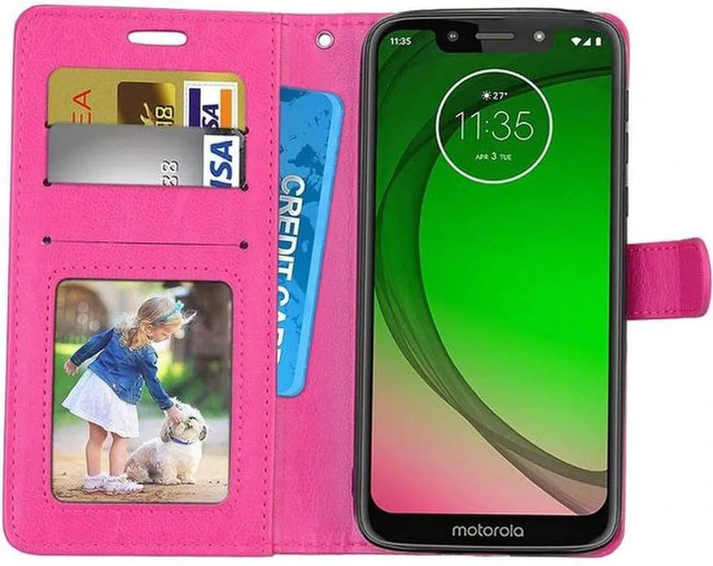 Motorola Moto G7 Play Hoesjes – Portemonnee Book Case – Magneetsluiting – 2x Screenprotector – Roze-Ilumina Benelux