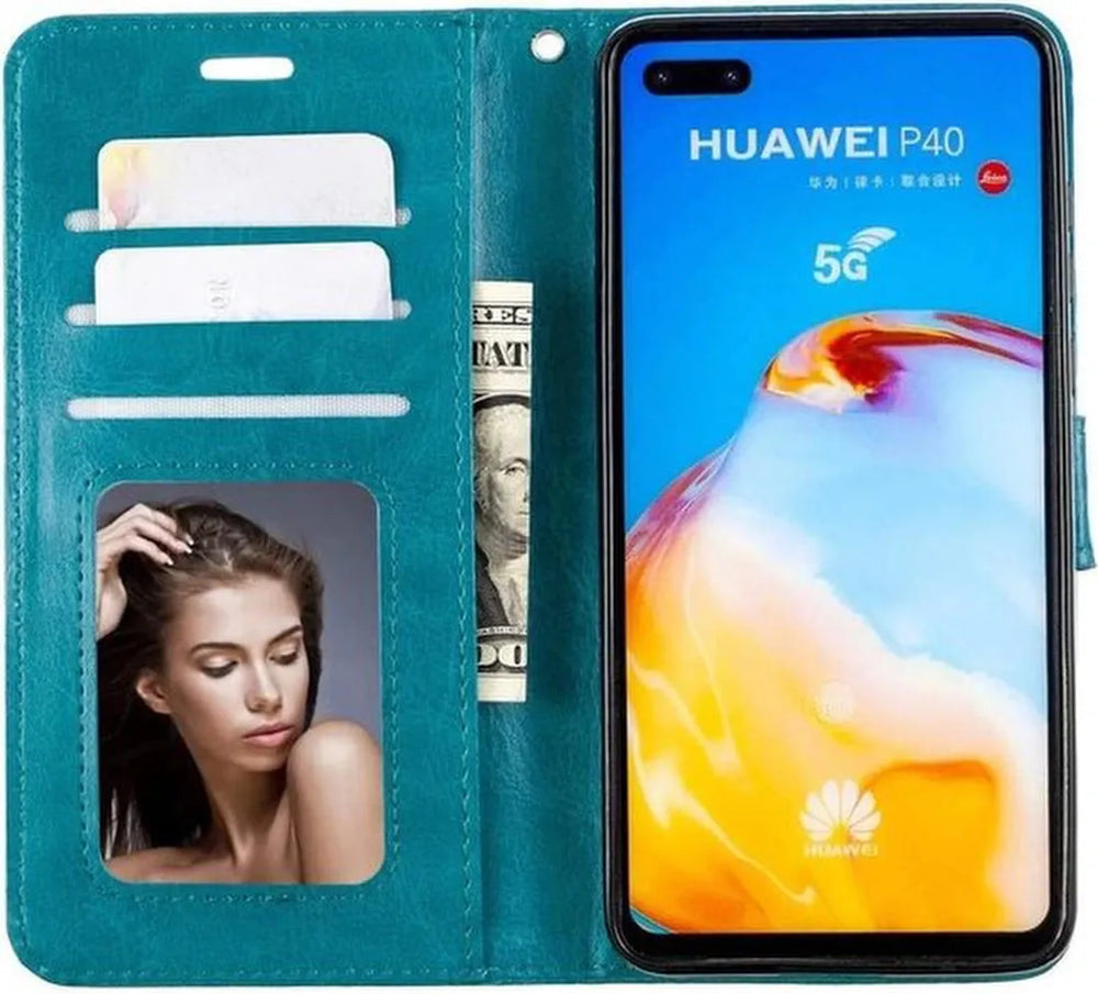 Huawei P40 Lite Hoesjes – Portemonnee Book Case – Pasjeshouder – 2x Screenprotector – Turquoise-Ilumina Benelux