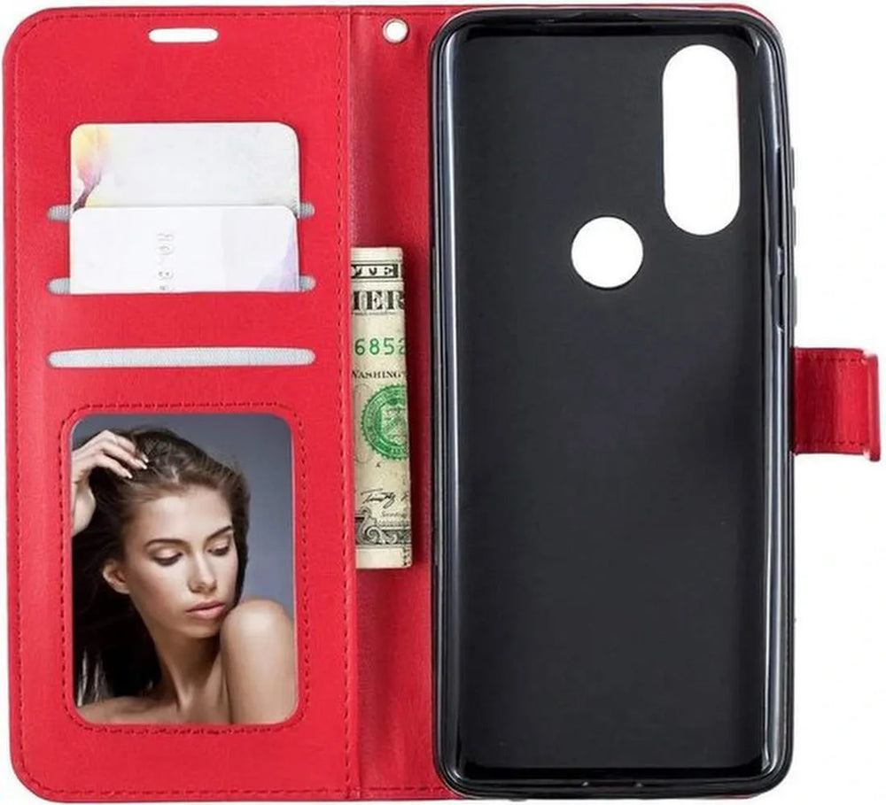 Motorola One Vision Hoesjes – Portemonnee Book Case – Pasjeshouder – 2x Screenprotector – Rood-Ilumina Benelux