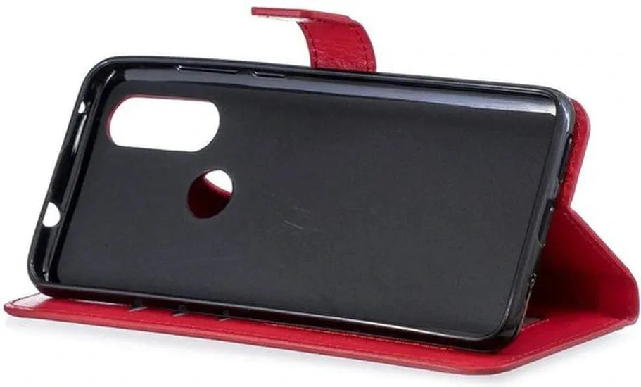 Motorola One Vision Hoesjes – Portemonnee Book Case – Pasjeshouder – 2x Screenprotector – Rood-Ilumina Benelux