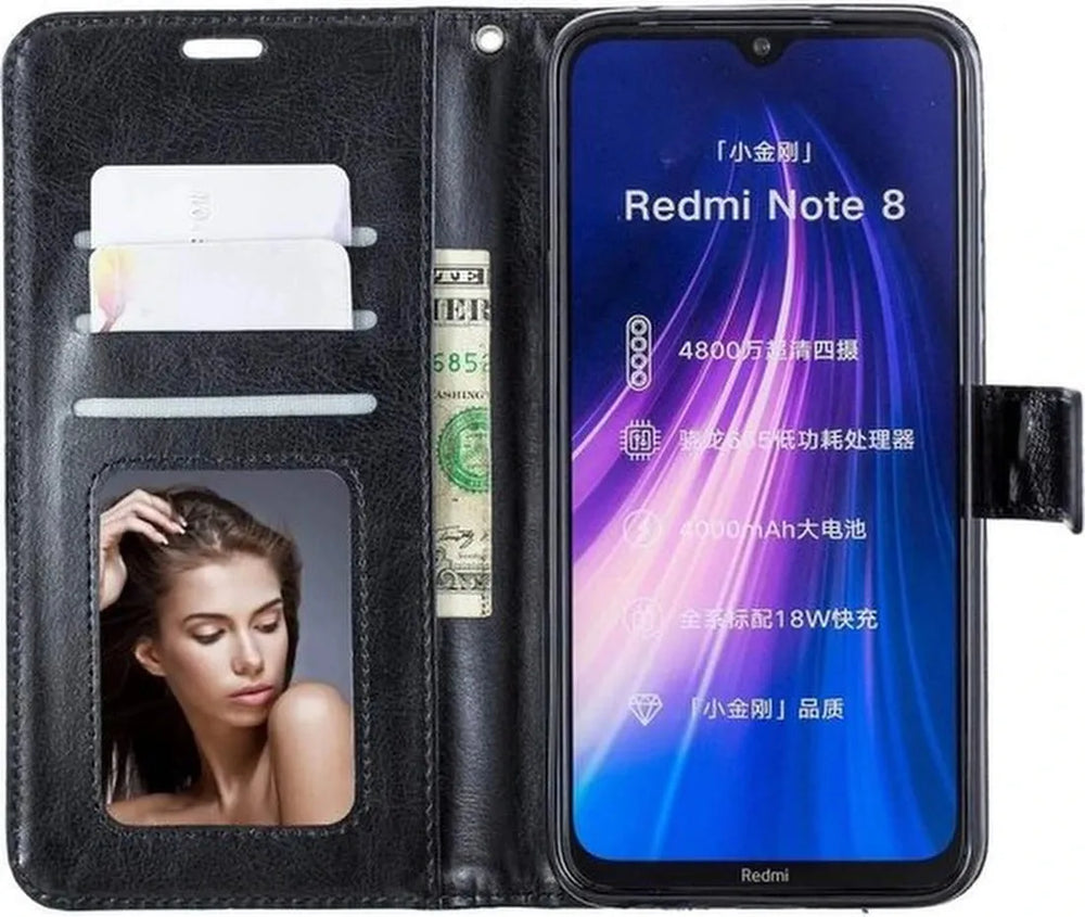 Xiaomi Redmi Note 8 Hoesjes – Portemonnee Book Case – Pasjeshouder – 2x Glazen Screenprotector – Zwart-Ilumina Benelux