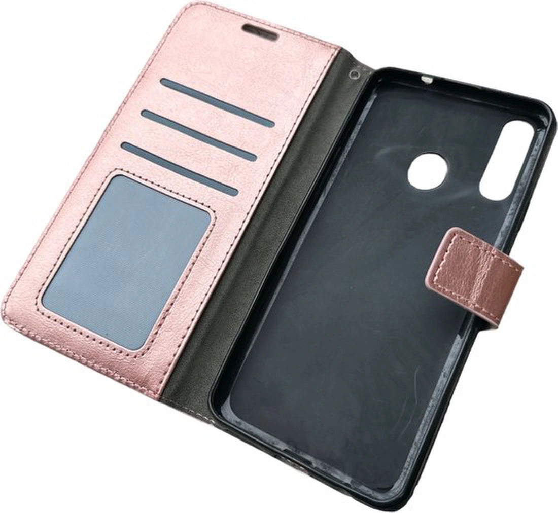 Portemonnee BookCase Hoesje + 2 Pack Screenprotector Glas Geschikt voor: Samsung Galaxy M20 - Roségoud