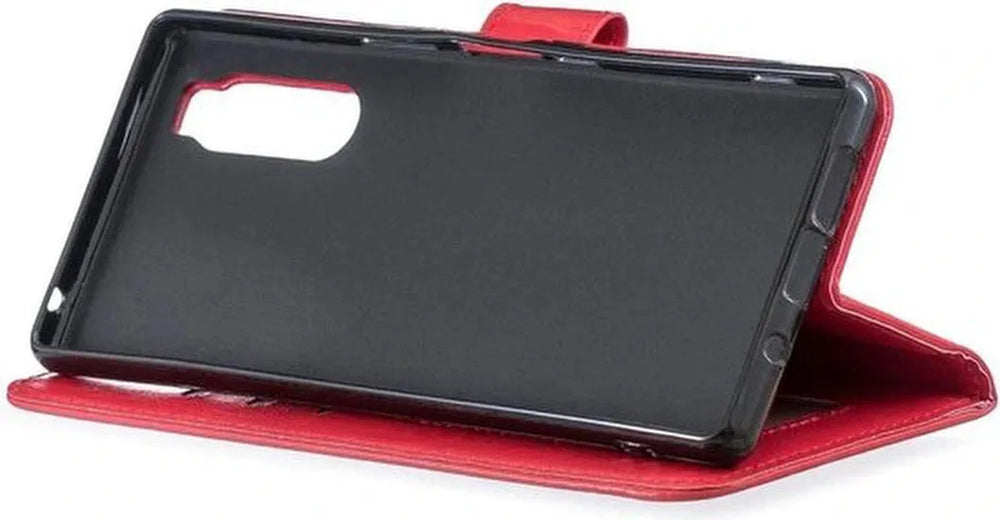 Sony Xperia 5 Hoesjes – Portemonnee Bookcase – Magneetsluiting – 2 Pack Screenprotector Gehard Glas – Rood-Ilumina Benelux