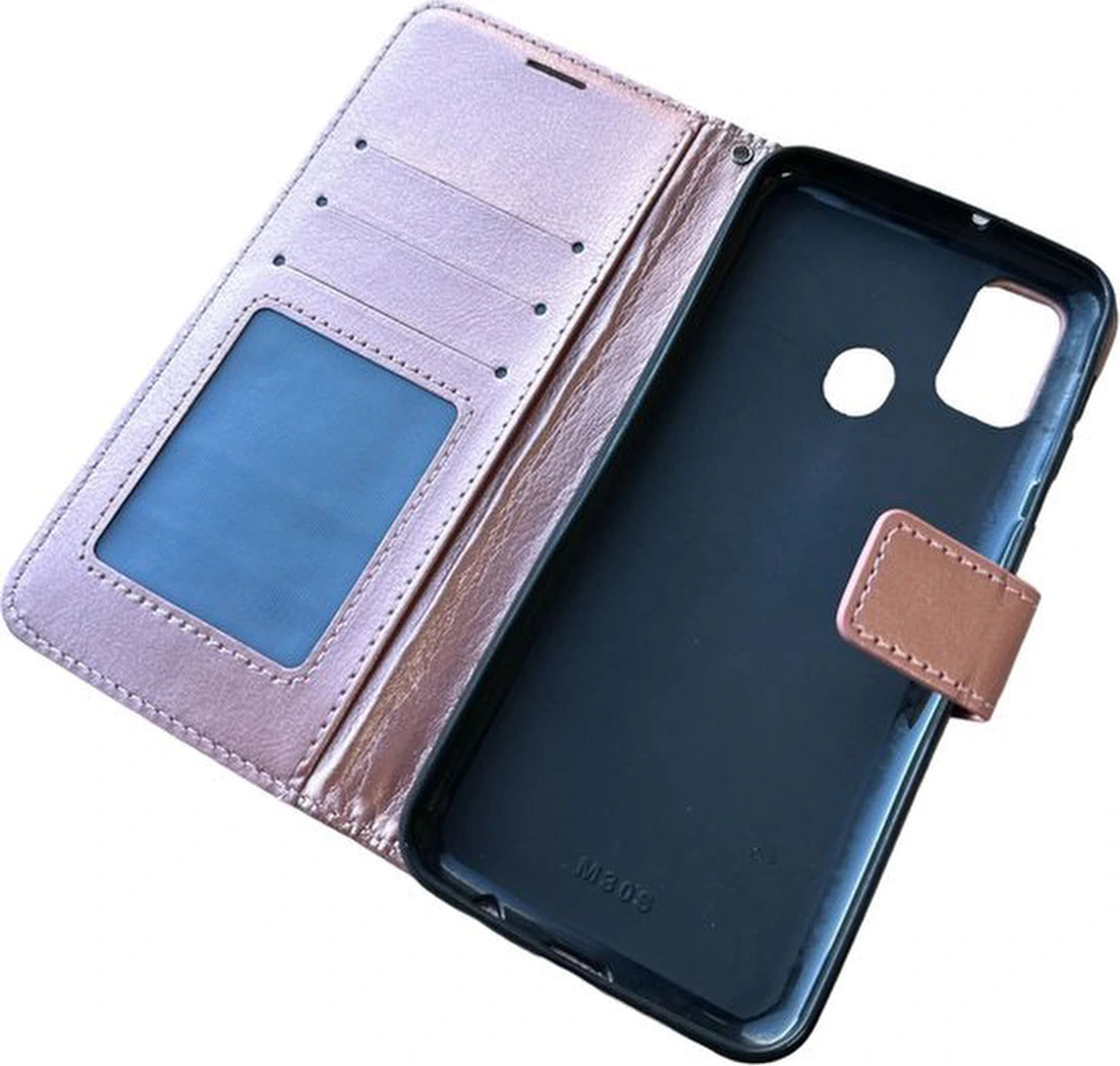 Portemonnee BookCase Hoesje + 2 Pack Screenprotector Glas Geschikt voor: Samsung Galaxy M31 - Roségoud