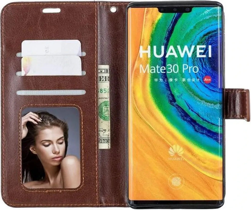Huawei Mate 30 Pro Hoesjes – Portemonnee Book Case – Pasjeshouder – 2x Screenprotector – Bruin-Ilumina Benelux