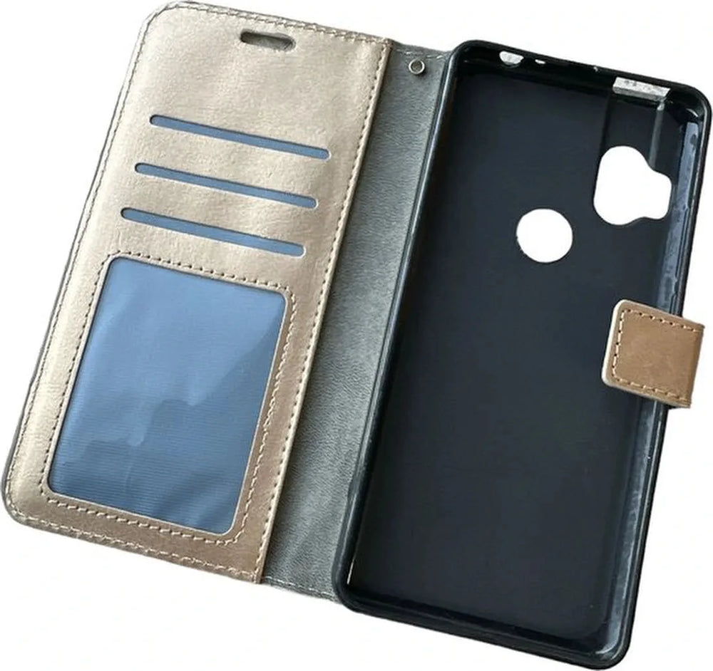 Motorola One Hyper Hoesjes – Portemonnee Book Case – Pasjeshouder – 2x Screenprotector – Goud-Ilumina Benelux