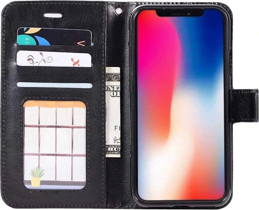 iPhone X/XS Hoesjes – Portemonnee Book Case – Pasjeshouder – 2x Glazen Screenprotector – Zwart-Ilumina Benelux