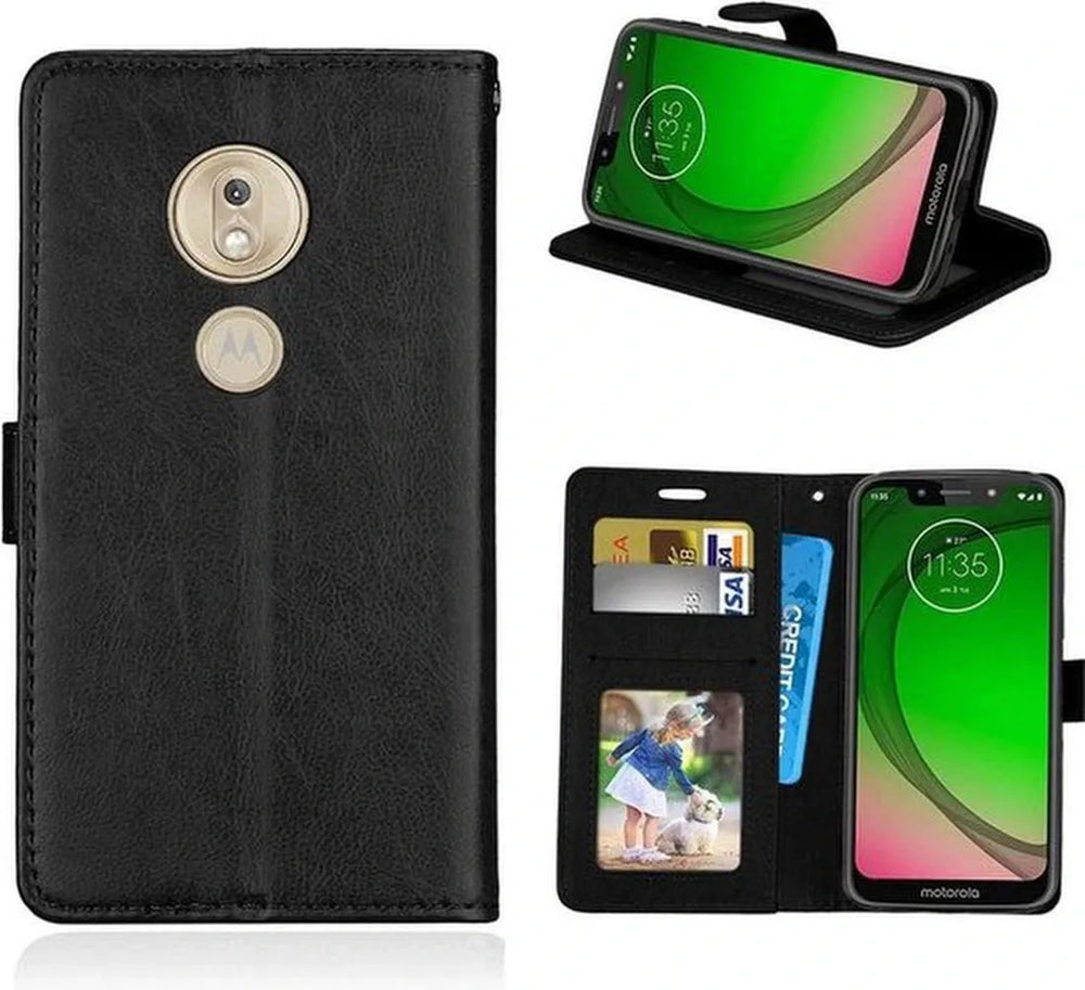 Motorola Moto G7 Play Hoesjes – Portemonnee Book Case – Pasjeshouder – 2x Screenprotector – Zwart-Ilumina Benelux