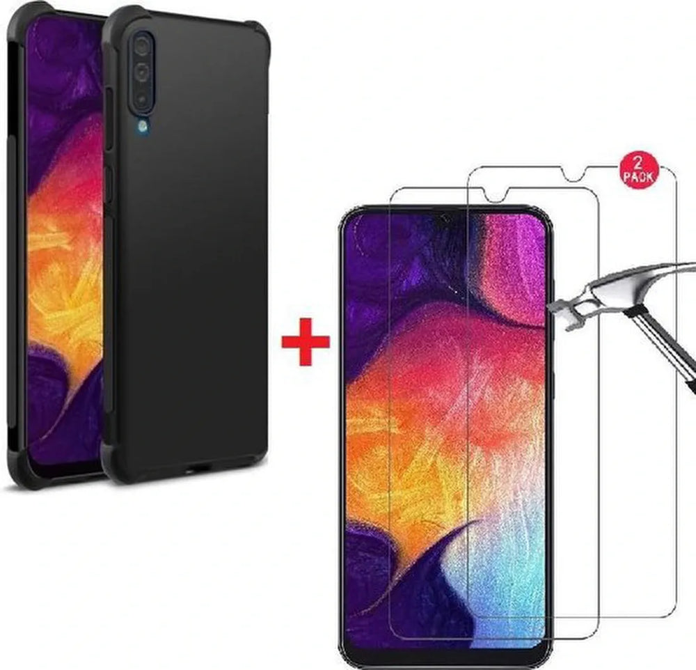 Samsung Galaxy A70 Hoesjes – Anti-Shock Siliconen Backcover – Schokbestendig – 2x Gehard Glas Screenprotector – Zwart-Ilumina Benelux