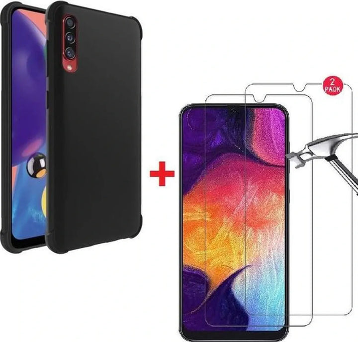Samsung Galaxy A70S Hoesjes – Anti-Shock Siliconen Backcover – 2 Pack Screenprotector Gehard Glas – Zwart-Ilumina Benelux