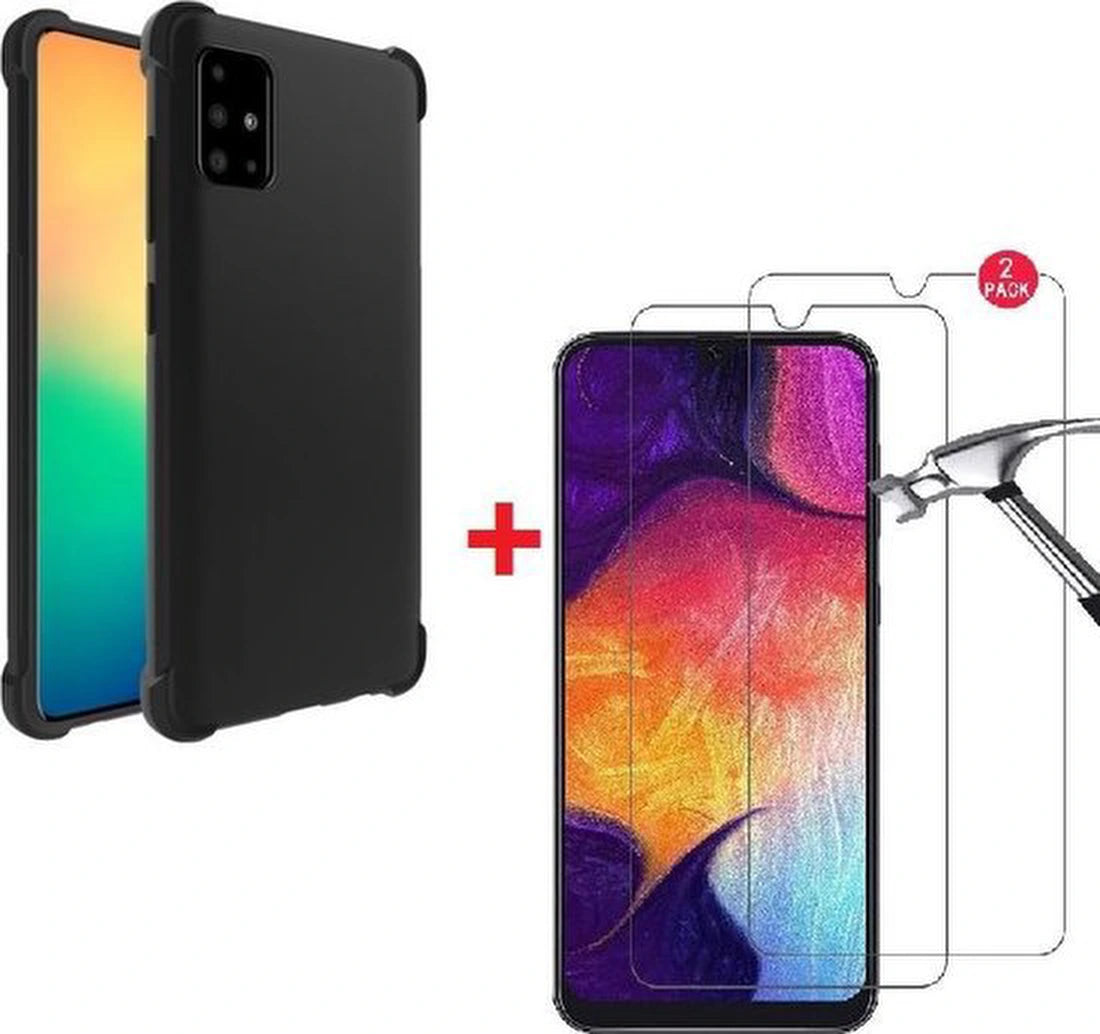 Anti-Shock silicone hoesje zwart met 2 Pack Screenprotector Glas Geschikt voor: Samsung Galaxy A41