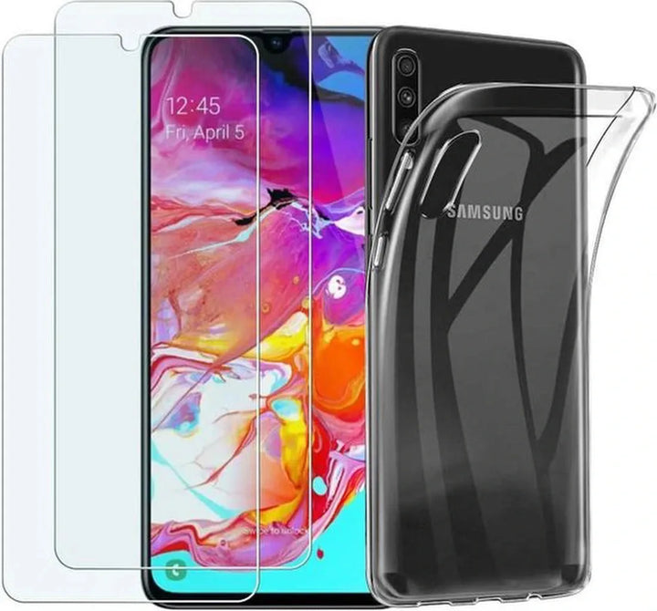Samsung Galaxy A70S Hoesjes – Siliconen Backcover – Schokbestendig – 2 Pack Screenprotector Gehard Glas – Transparant-Ilumina Benelux