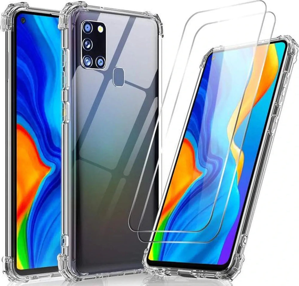 Samsung Galaxy A21S Hoesjes – Anti-Shock Siliconen Backcover – Schokbestendig – 2x Screenprotector Gehard Glas-Ilumina Benelux