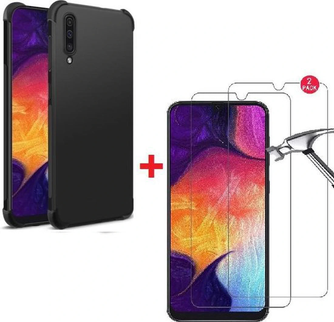 Anti-Shock silicone hoesje zwart met 2 Pack Screenprotector Glas Geschikt voor: Samsung Galaxy A10