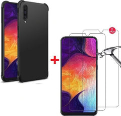 Anti-Shock silicone hoesje zwart met 2 Pack Screenprotector Glas Geschikt voor: Samsung Galaxy A10