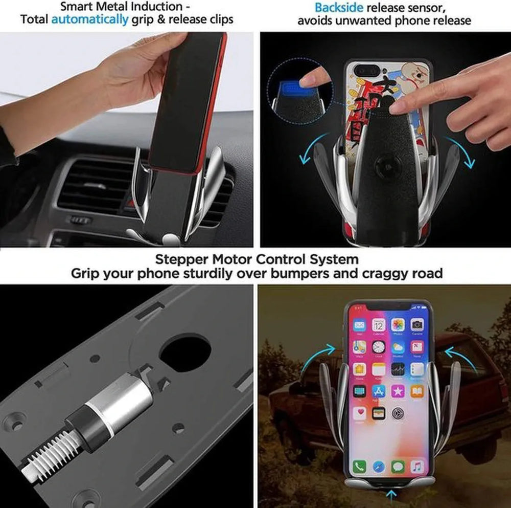 Telefoonhouder auto – Draadloos opladen Qi – Automatische klemarmen – Geschikt voor iPhone Samsung Nokia Huawei – Zwart-Telefoonhouders-Ilumina Benelux