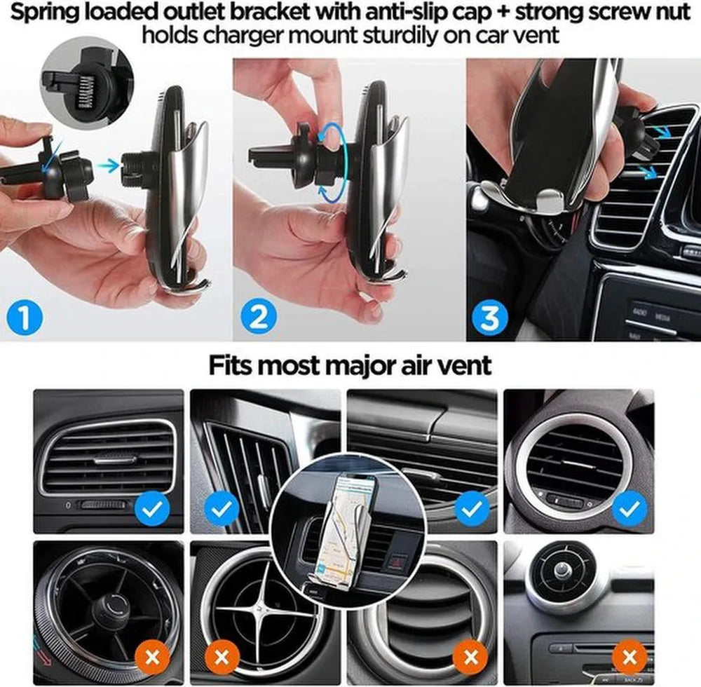 Telefoonhouder auto – Draadloos opladen Qi – Automatische klemarmen – Geschikt voor iPhone Samsung Nokia Huawei – Zwart-Telefoonhouders-Ilumina Benelux
