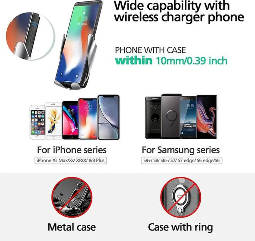Telefoonhouder auto – Draadloos opladen Qi – Automatische klemarmen – Geschikt voor iPhone Samsung Nokia Huawei – Zwart-Telefoonhouders-Ilumina Benelux