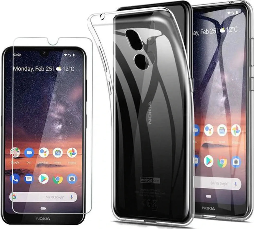 Nokia 3.2 Hoesjes – Transparante Siliconen Backcover – 2 Pack Screenprotector – Gehard Glas-Ilumina Benelux