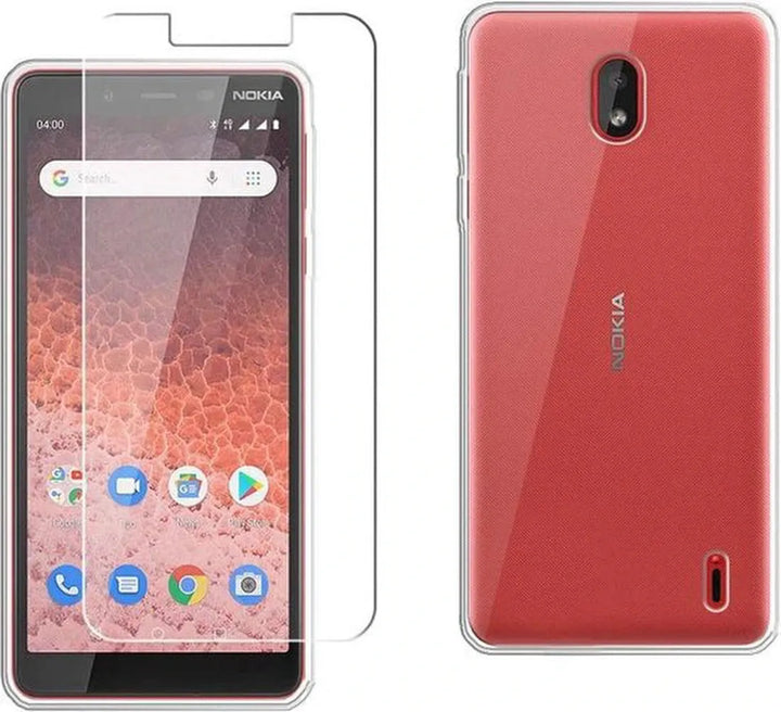 Nokia 1 Plus Hoesjes – Transparante Siliconen Backcover – 2x Screenprotector Gehard Glas – Anti Kras-Ilumina Benelux