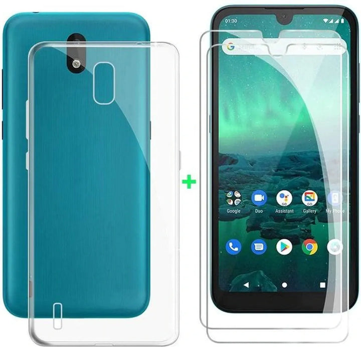 Nokia 1.3 Hoesjes – Transparante Siliconen Backcover – 2x Screenprotector Gehard Glas – Anti-kras-Ilumina Benelux