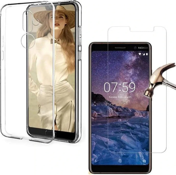 Nokia 7 Plus Hoesjes – Transparante Siliconen Backcover – Inclusief 2x Screenprotector Gehard Glas – Anti-kras-Ilumina Benelux