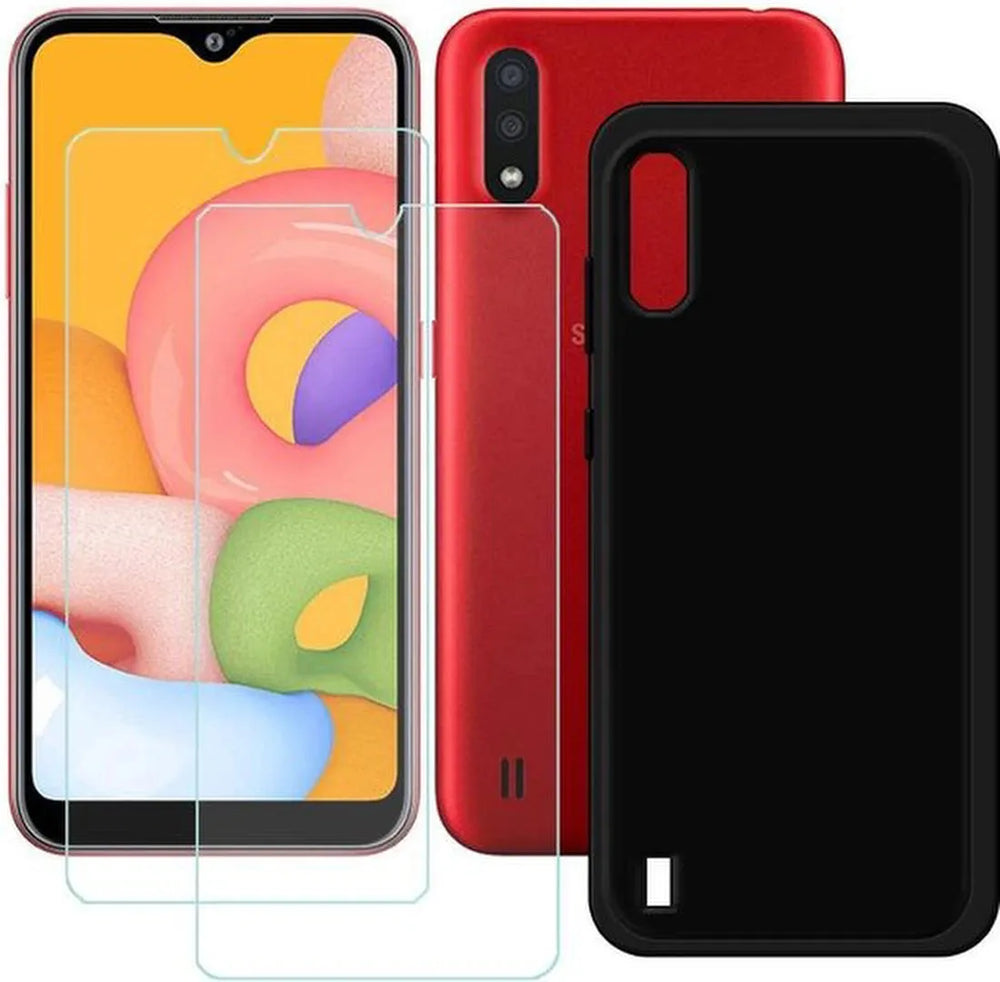 Samsung Galaxy A01 Hoesjes – Siliconen Backcover – 2 Pack Screenprotector – Gehard Glas – Zwart-Ilumina Benelux