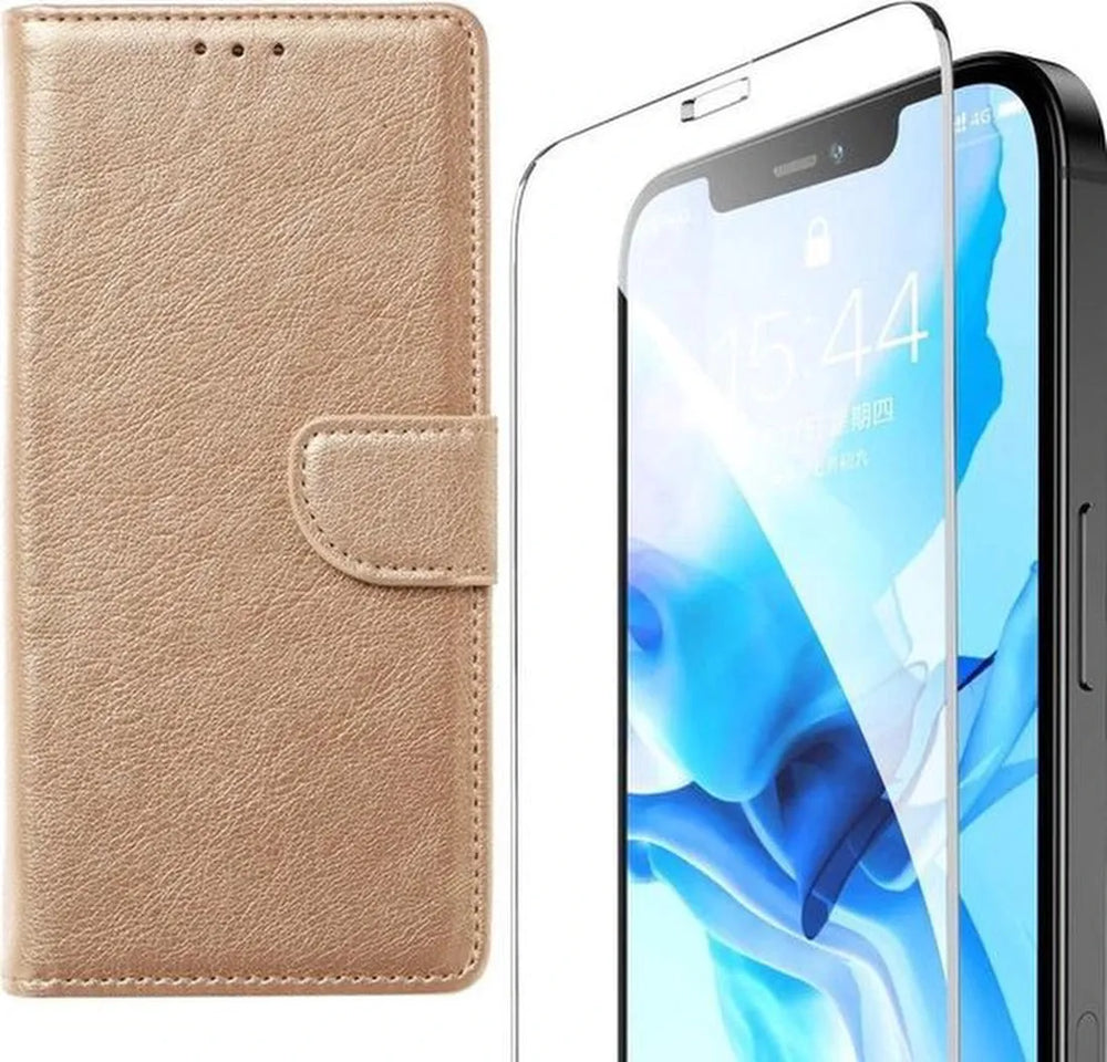 iPhone 12 Pro Max Hoesjes – Bookcase Portemonnee – Magneetsluiting – 2x Screenprotector Gehard Glas – Goud-Ilumina Benelux