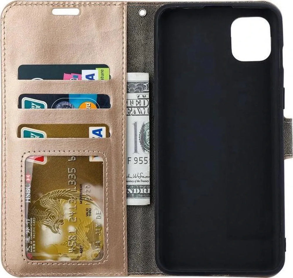 iPhone 12 Mini Hoesjes – Bookcase Portemonnee – Magneetsluiting – 2x Gehard Glas Screenprotector – Goud-Ilumina Benelux