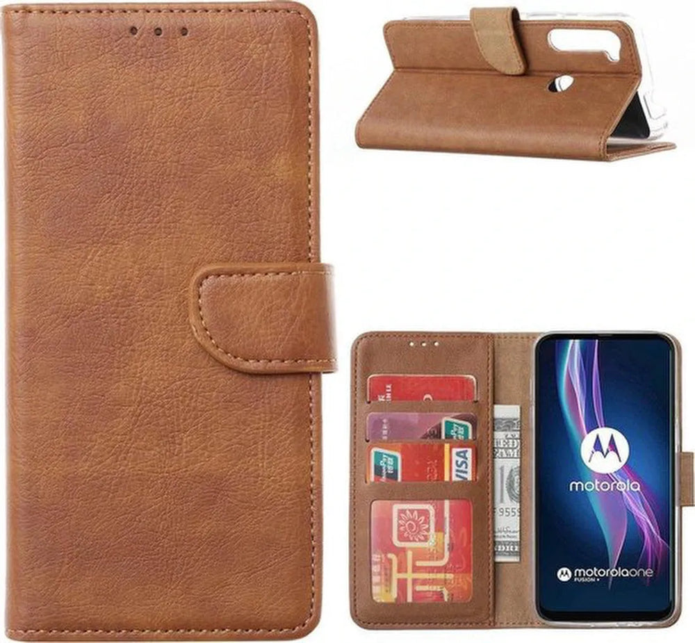 Motorola Moto One Fusion Plus Hoesjes – Portemonnee Hoes – Pasjeshouder – Magneetsluiting – Lichtbruin-Ilumina Benelux