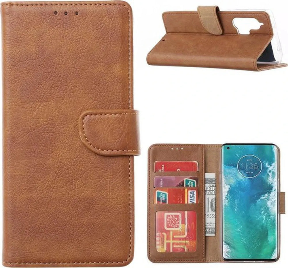 Motorola Moto Edge Plus Hoesjes – Bookcase Portemonnee Hoes – Pasjeshouder – Magneetsluiting – Lichtbruin-Ilumina Benelux