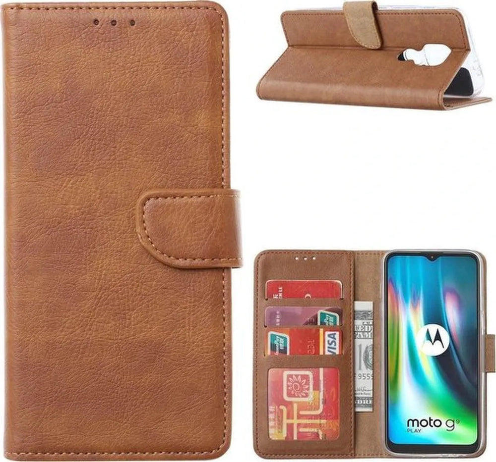 Motorola Moto G9 Play & E7 Plus Hoesjes – Bookcase Portemonnee – Pasjeshouder – Magneetsluiting – Lichtbruin-Ilumina Benelux