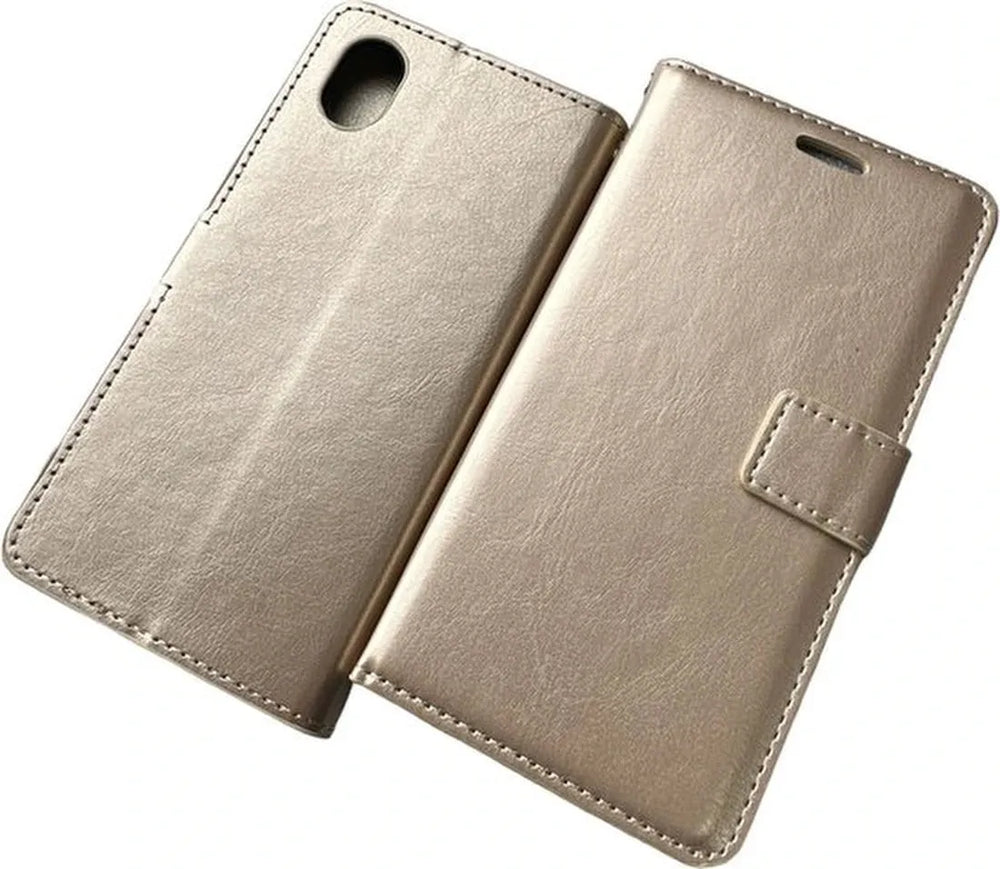 Samsung Galaxy A01 Core Hoesjes – Portemonnee Hoes – 2 Pack Screenprotector – Magneetsluiting – Goud-Ilumina Benelux