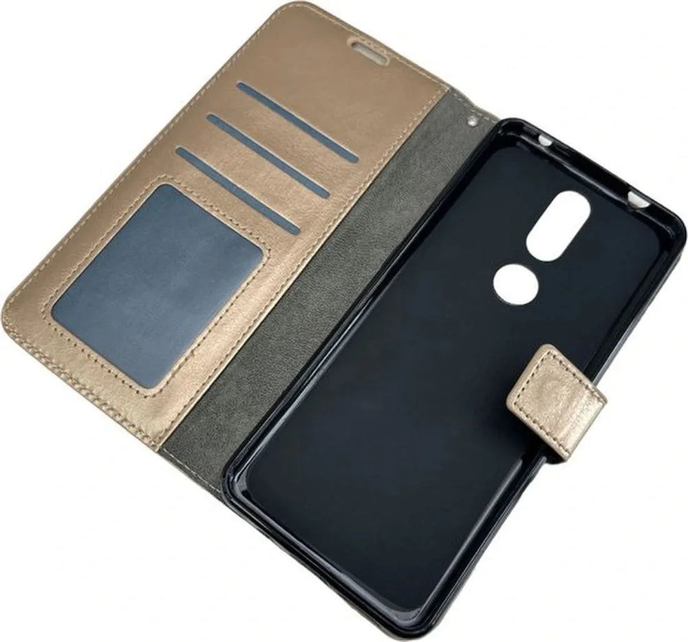 Nokia 2.4 Hoesjes – Portemonnee Book Case – Pasjeshouder – 2x Screenprotector Gehard Glas – Goud-Ilumina Benelux