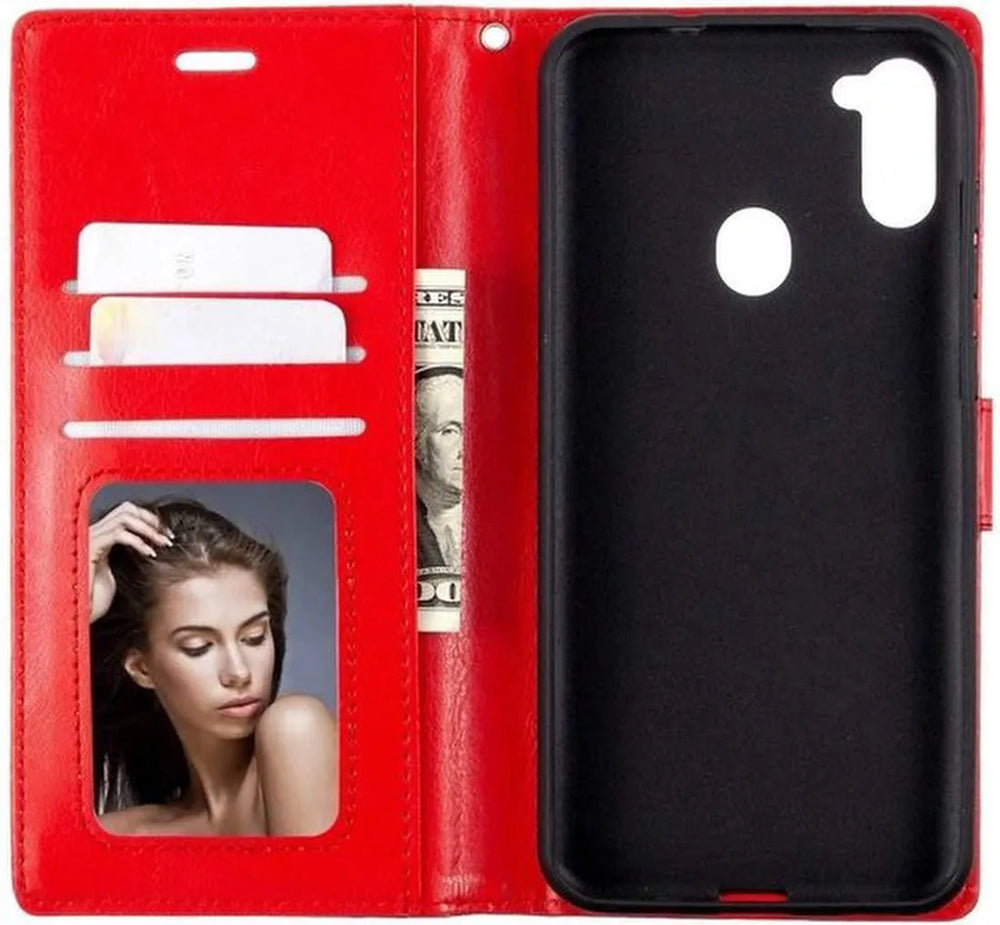 Samsung Galaxy M11 Hoesjes – Portemonnee Bookcase – Pasjeshouder – 2 Pack Screenprotector Gehard Glas – Rood-Ilumina Benelux