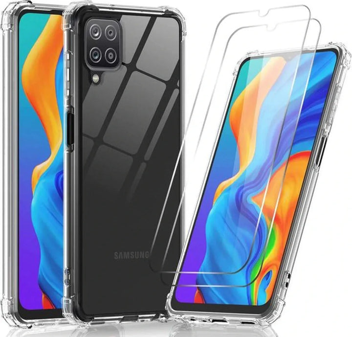 Samsung Galaxy A12 Hoesjes – Siliconen Backcover Anti-Shock – 2x Screenprotector Gehard Glas-Ilumina Benelux