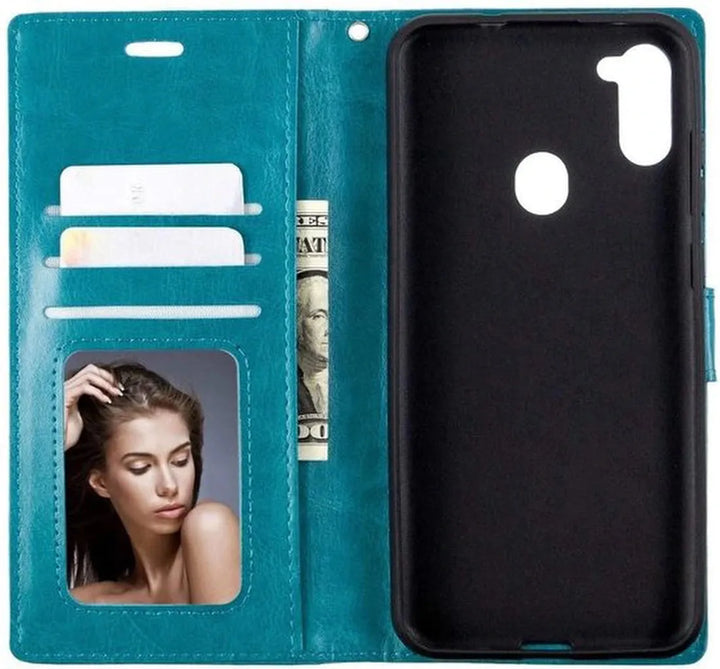 Samsung Galaxy M11 Hoesjes – Portemonnee Bookcase – Pasjeshouder – 2x Screenprotector Gehard Glas – Turquoise-Ilumina Benelux