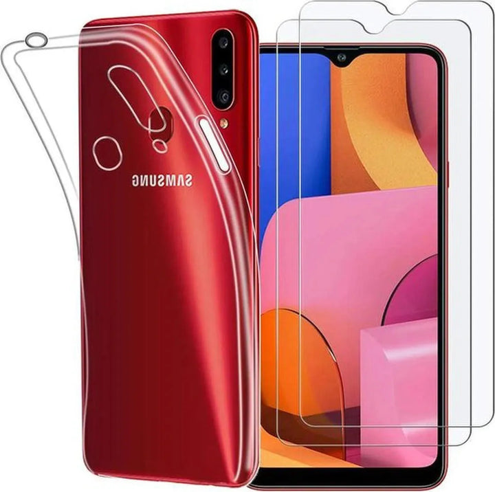 Samsung Galaxy A20S Hoesjes – Transparante Siliconen Backcover – Inclusief 2x Screenprotector Gehard Glas – Anti-kras-Ilumina Benelux