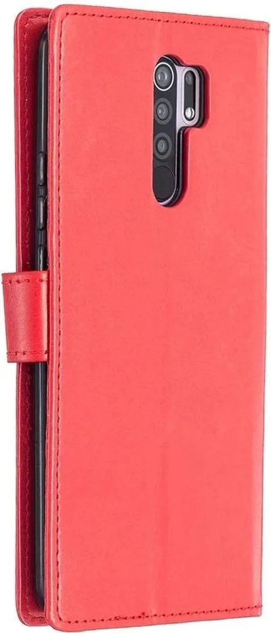 Xiaomi Redmi 9 Hoesjes – Portemonnee Book Case – Magneetsluiting – 2x Gehard Glas Screenprotector – Rood-Ilumina Benelux