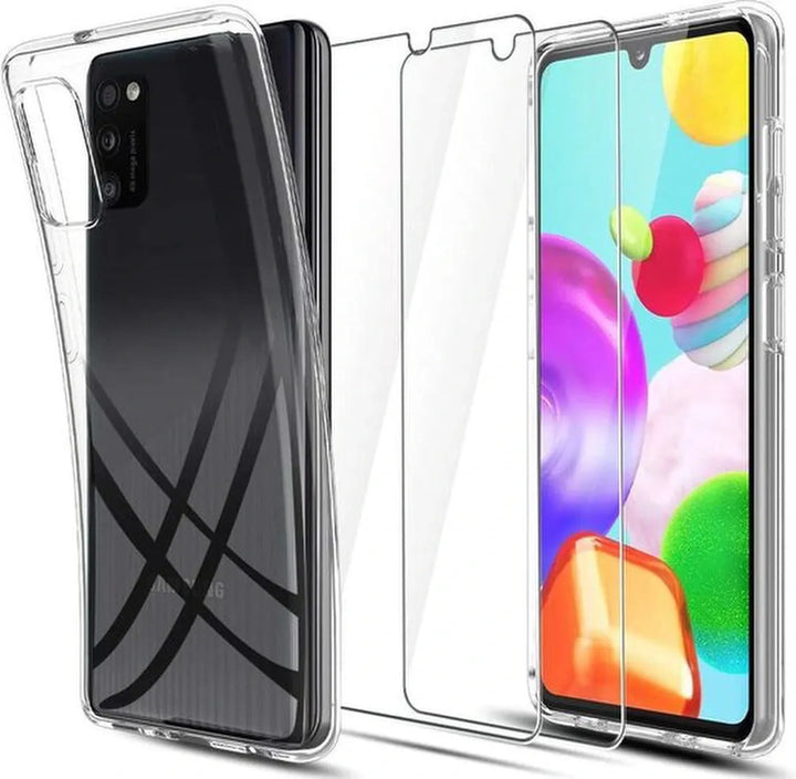 Samsung Galaxy A41 Hoesjes – Transparante Siliconen Backcover – Inclusief 2x Screenprotector Gehard Glas – Anti Kras-Ilumina Benelux