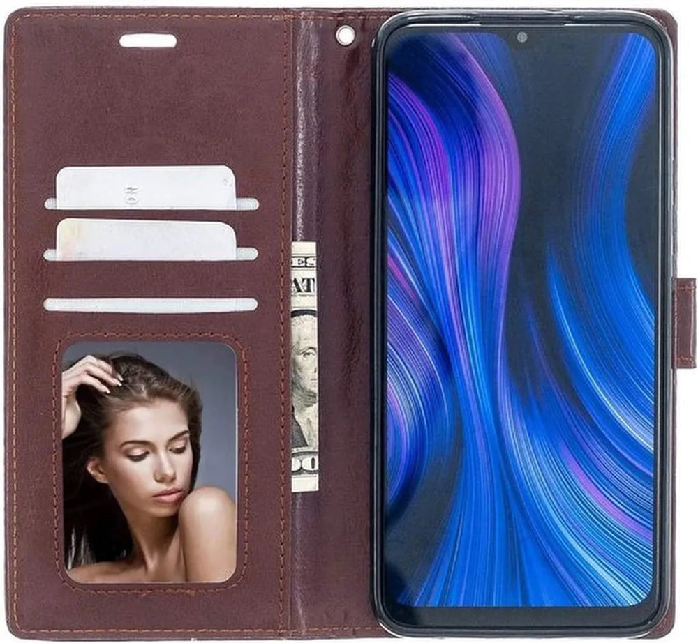Xiaomi Redmi 9 Hoesjes – Portemonnee Book Case – Pasjeshouder – 2x Glazen Screenprotector – Bruin-Ilumina Benelux