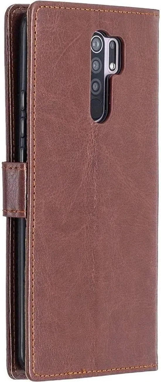 Xiaomi Redmi 9 Hoesjes – Portemonnee Book Case – Pasjeshouder – 2x Glazen Screenprotector – Bruin-Ilumina Benelux