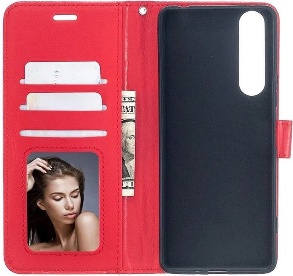 Sony Xperia 5 II Hoesjes – Portemonnee Bookcase – Magneetsluiting – 2 Pack Screenprotector Gehard Glas – Rood-Ilumina Benelux