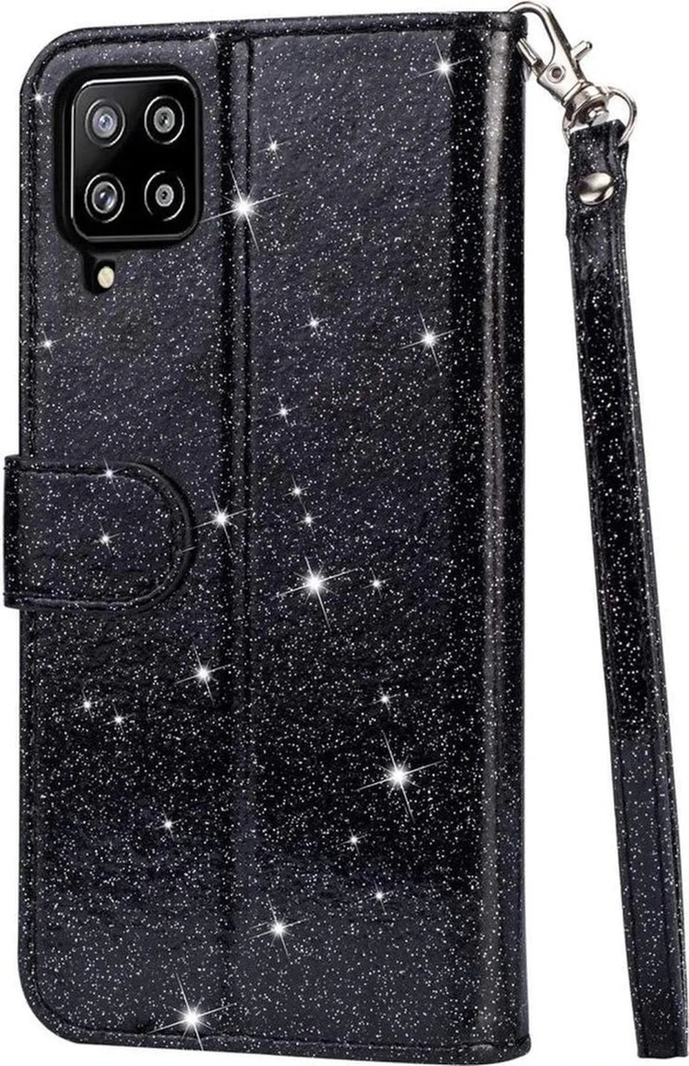 Samsung Galaxy A42 Hoesjes – Glitter Portemonneehoes – Rits & Koord – Pasjeshouder – Zwart-Ilumina Benelux