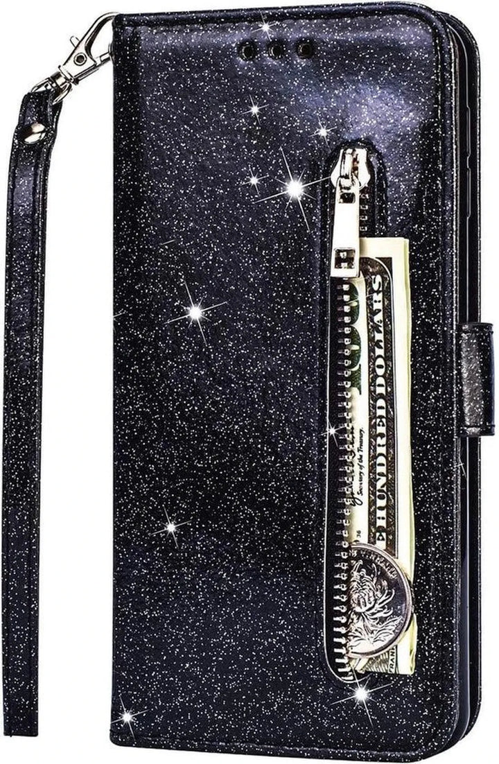 Samsung Galaxy M21 Hoesjes – Glitter Portemonnee Case – Rits & Koord – Pasjeshouder – Zwart-Ilumina Benelux